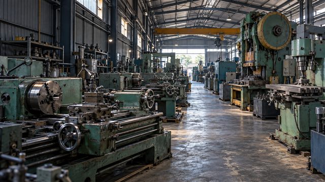 Bên trong nhà xưởng với nhiều máy công nghiệp cũ — ảnh AI minh họa